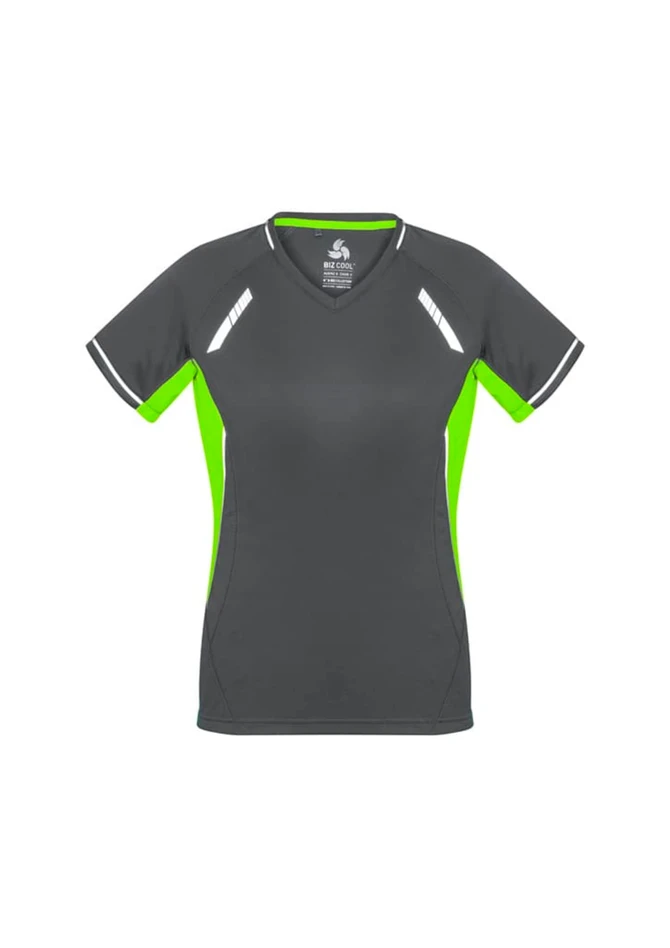 A women's short sleeve tee featuring a grey body with bright green accents and reflective stripes. It has a logo.