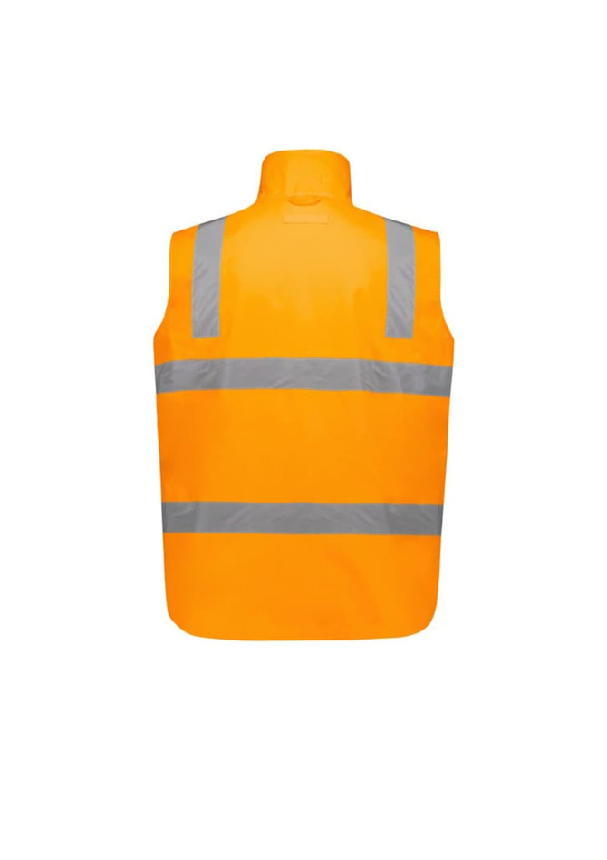 A bright orange waterproof jacket with reflective stripes, featuring a high-visibility design and no front details.