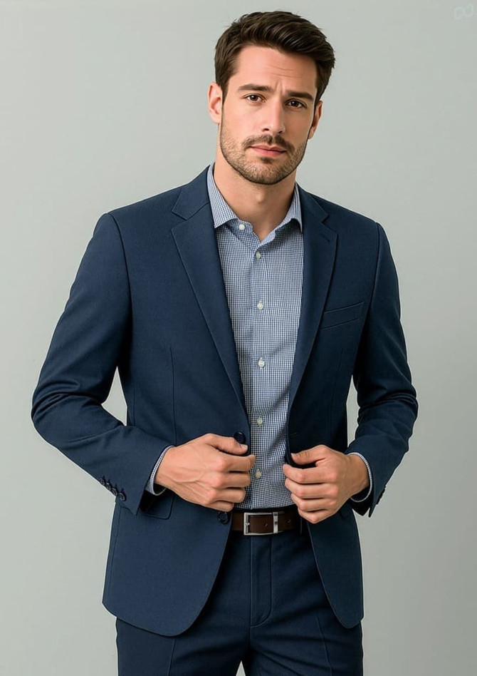 A navy men's blazer jacket worn over a light blue checkered shirt, featuring a subtle logo.
