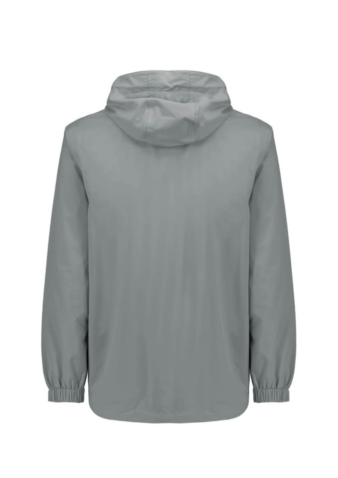 A light grey unisex packable rain jacket with a hood and elastic cuffs, featuring a logo on the back.