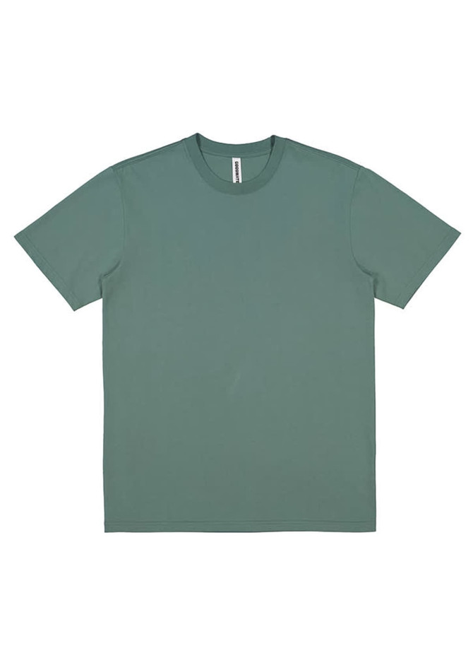 A men's short sleeve tee in a muted green colour, featuring a simple design and a logo.
