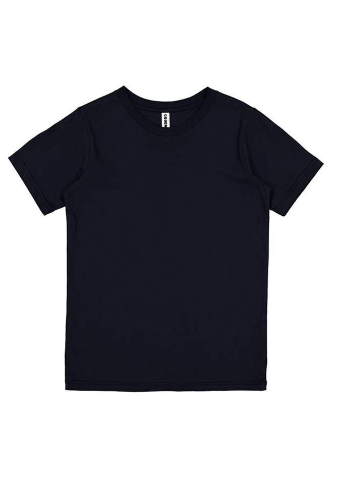 A navy short sleeve tee with a plain design and a neck label, featuring a logo on the inside.