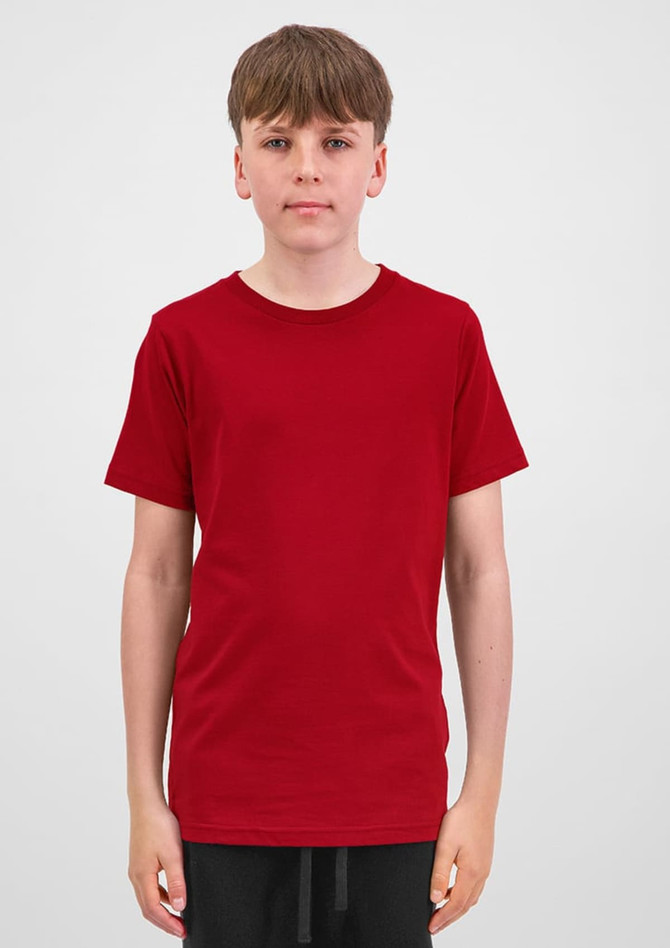 A red short sleeve t-shirt displayed on a model, featuring a simple design and a logo on the front.