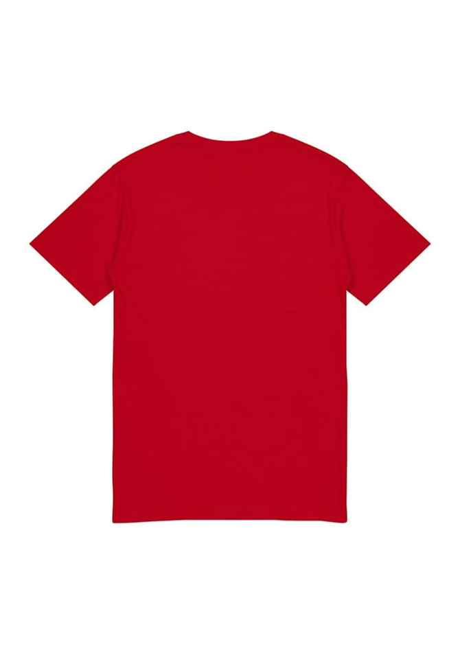 A bright red short sleeve tee featuring a plain back and a logo. Suitable for kids.