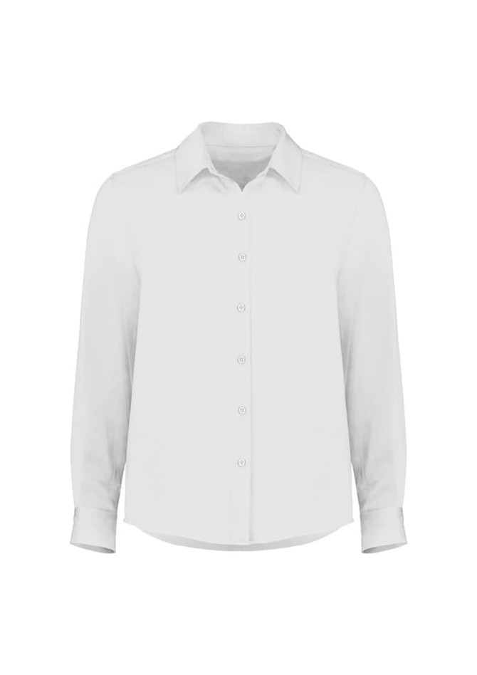 A women's long sleeve shirt in white with a button-down front and collar. It features a branding logo.