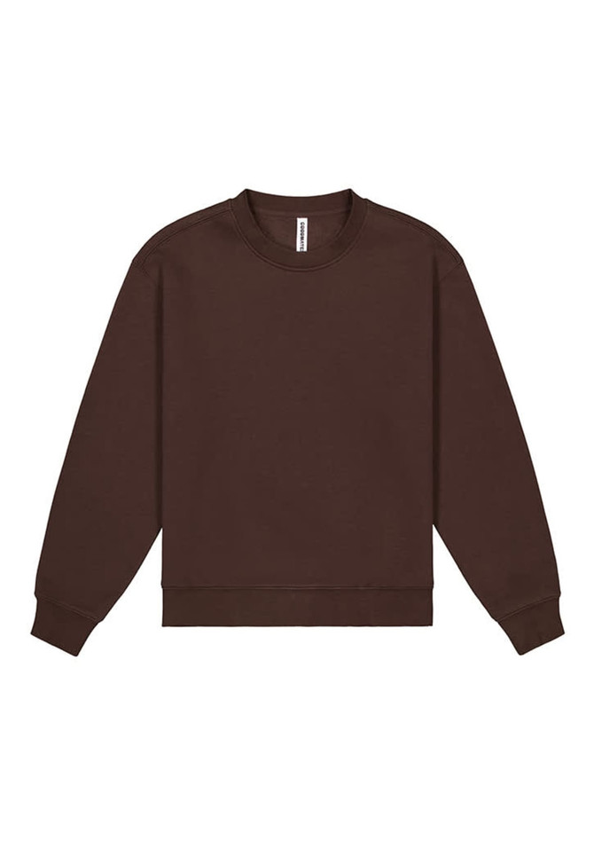 A brown crew sweatshirt with long sleeves and a round neckline, featuring a simple design and a logo.