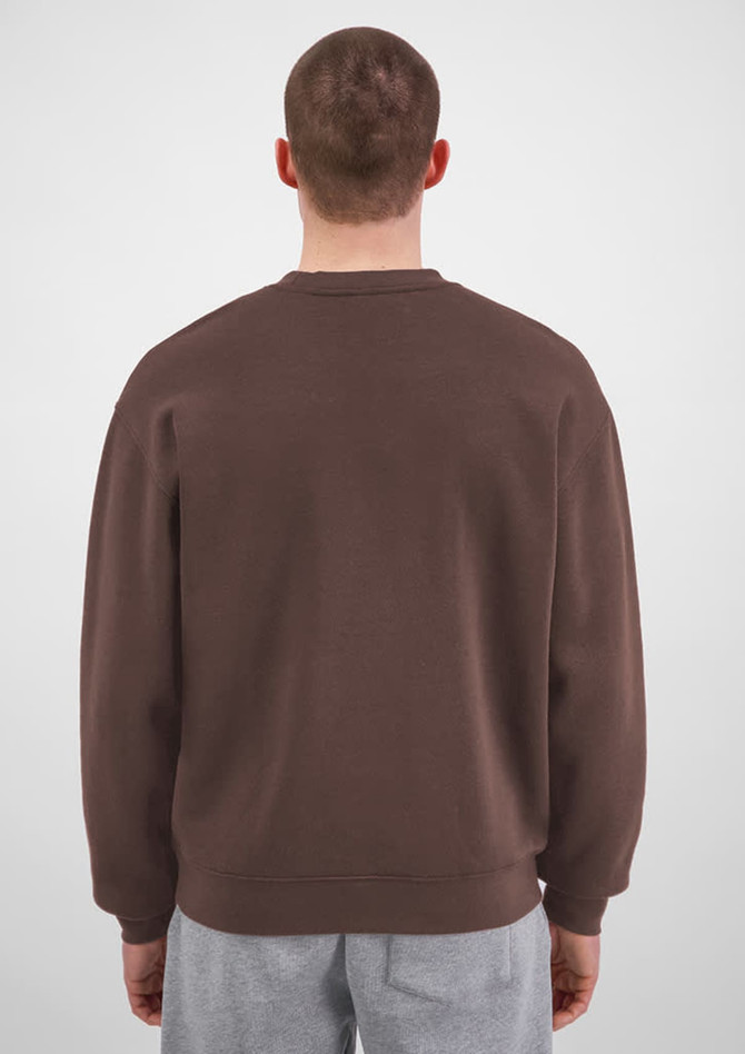 A dark brown men's crew sweatshirt viewed from the back, featuring long sleeves and a simple design.