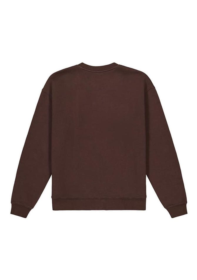 A brown crew sweatshirt featuring a round neck and long sleeves, with ribbed cuffs and hem. It has a logo.