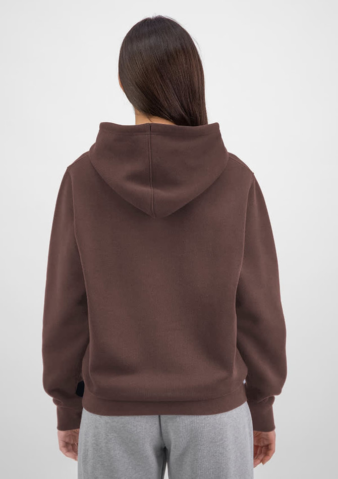 A brown hoodie with a hood, featuring a relaxed fit and long sleeves, shown from the back.