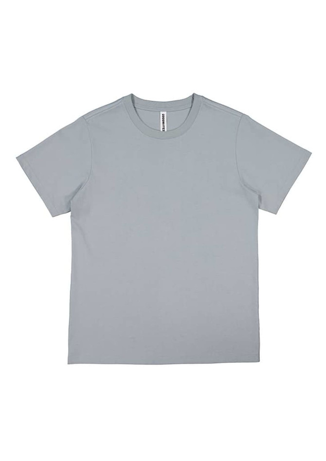A grey women's short sleeve t-shirt displayed flat. The shirt has a simple design and features a logo.