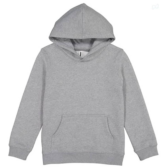 A grey hoodie with a front pocket and an attached hood, featuring a logo.