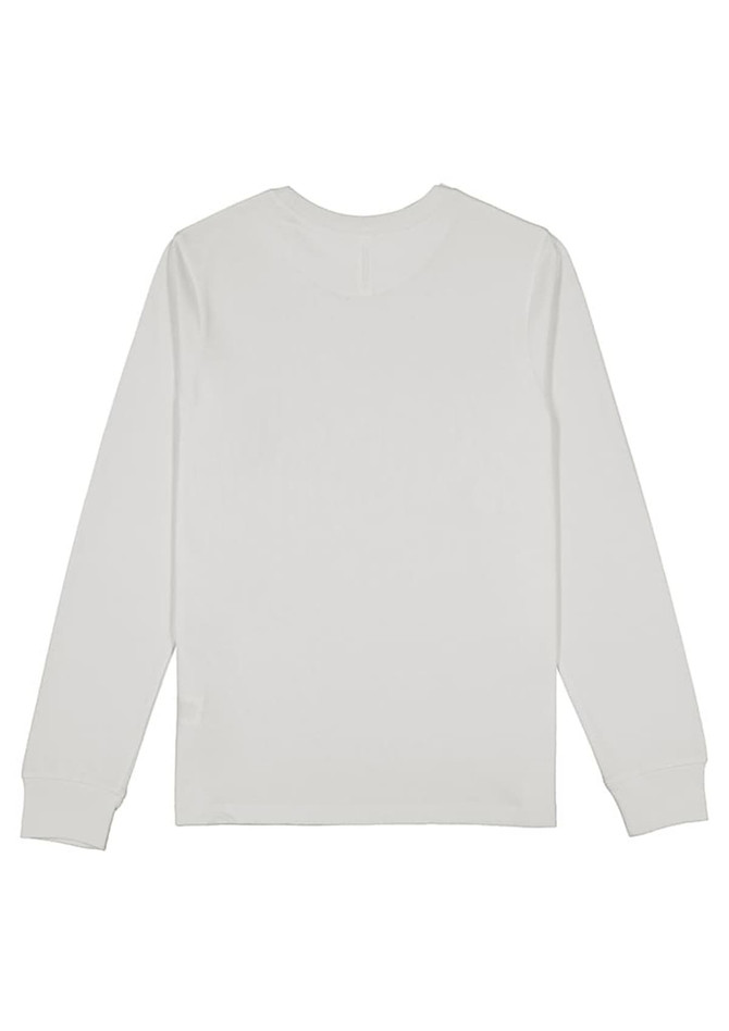A women's long sleeve tee in white, featuring a crew neck and a simple design, with a logo on the back.