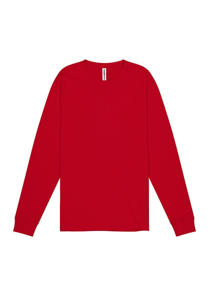 A red long sleeve men's tee featuring a crew neck and a logo on the label.