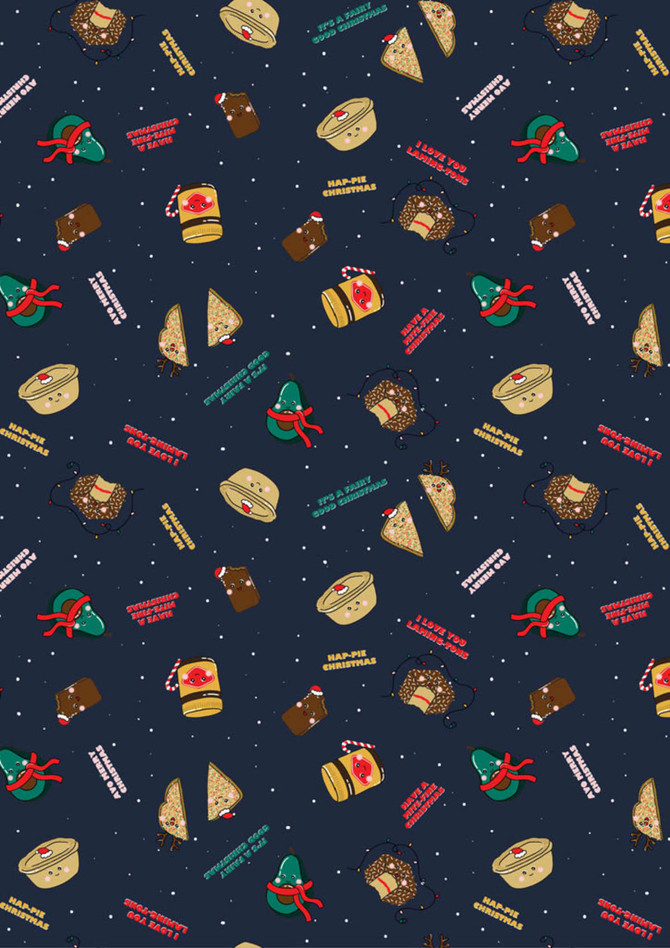A unisex Christmas scrub top featuring a playful pattern of festive items in a navy blue background with various colours.