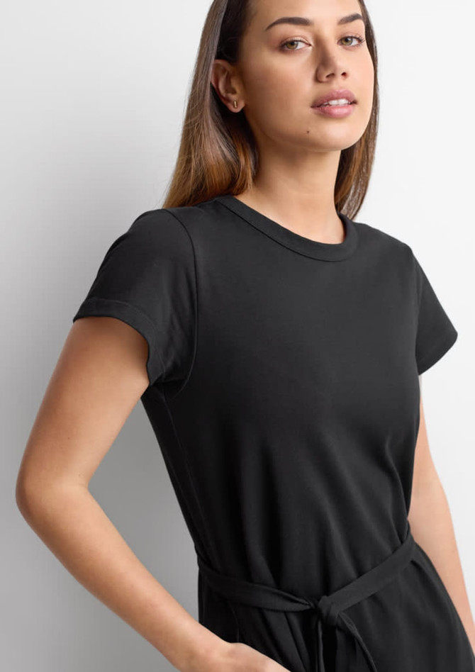 A black women's midi dress featuring short sleeves and a tie waist detail. The dress has a simple, elegant design.