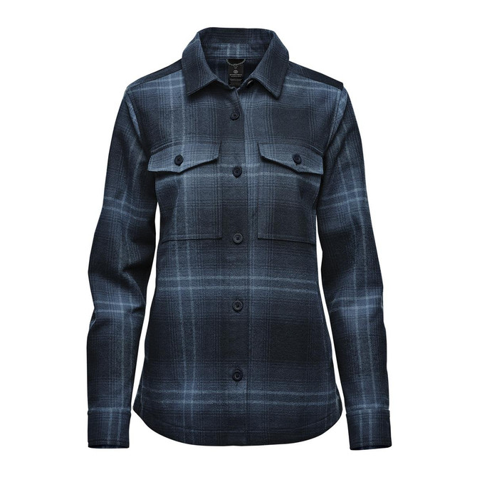 A women's shacket in navy and light blue plaid featuring a button-up front and two chest pockets, with a logo.