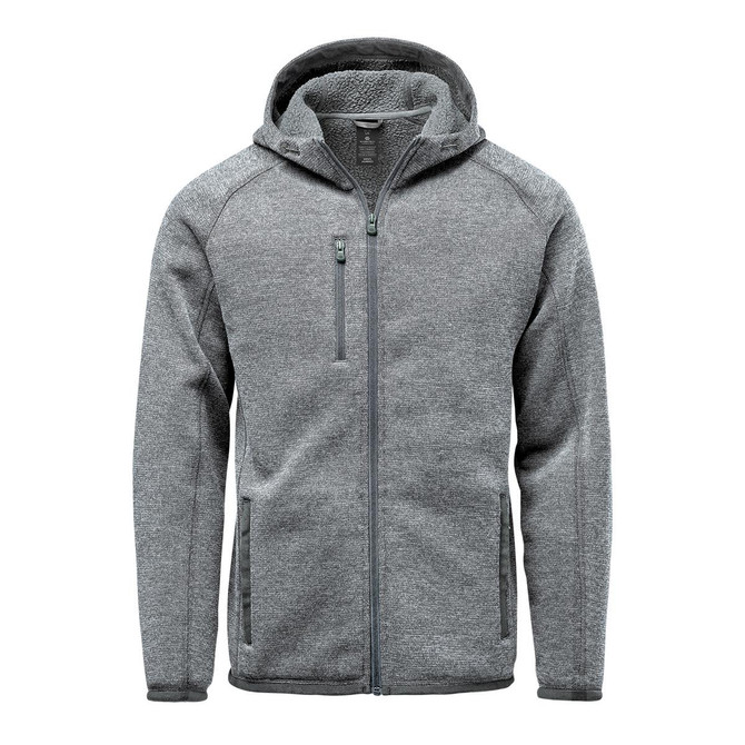 A grey full zip fleece hoody with a hood and zippered pockets, featuring a logo on the chest.