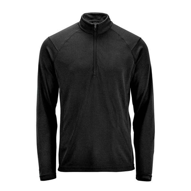 A black men's pullover featuring a 1/4 zip design and long sleeves. It has a logo on the front.