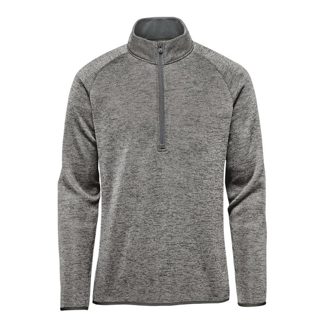 A grey men's fleece jacket featuring a half-zip collar and long sleeves, with contrasting fabric at the neck.