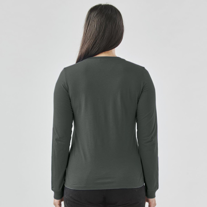 A women's long-sleeve tee in a dark green colour, featuring a simple design and no visible logos.