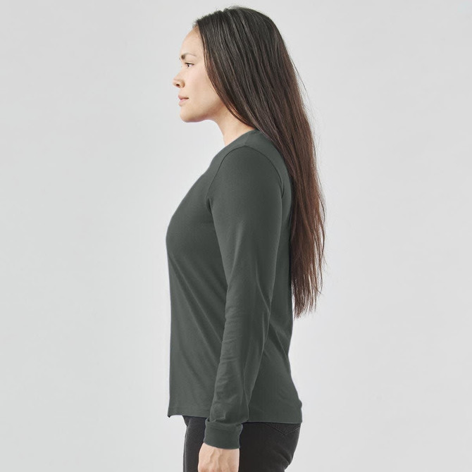 A long-sleeve women's tee in dark green, featuring a fitted design with a crew neckline and long sleeves.