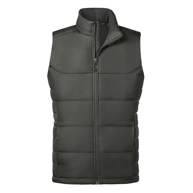 A green thermal vest with a high collar and zip-up front, featuring a logo on the chest.