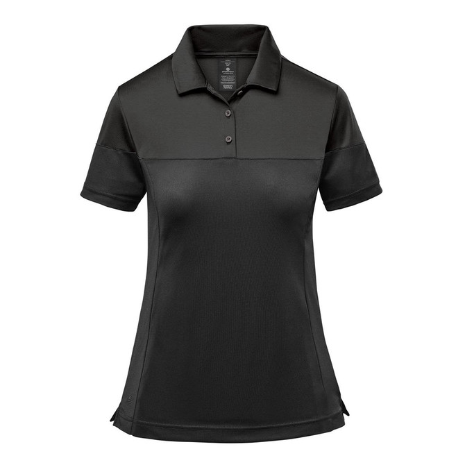 A women's two-tone polo shirt in black, featuring a collared neckline and short sleeves. It includes a logo.