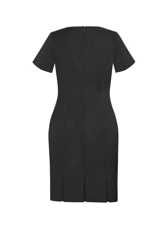 A black short sleeve shift dress featuring a fitted design and back zip closure. It has a branding logo.