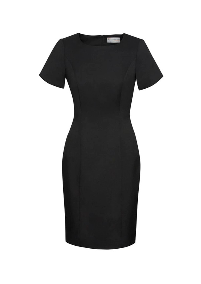 A black short sleeve shift dress with a fitted silhouette and a back zipper. Features include a branding logo.