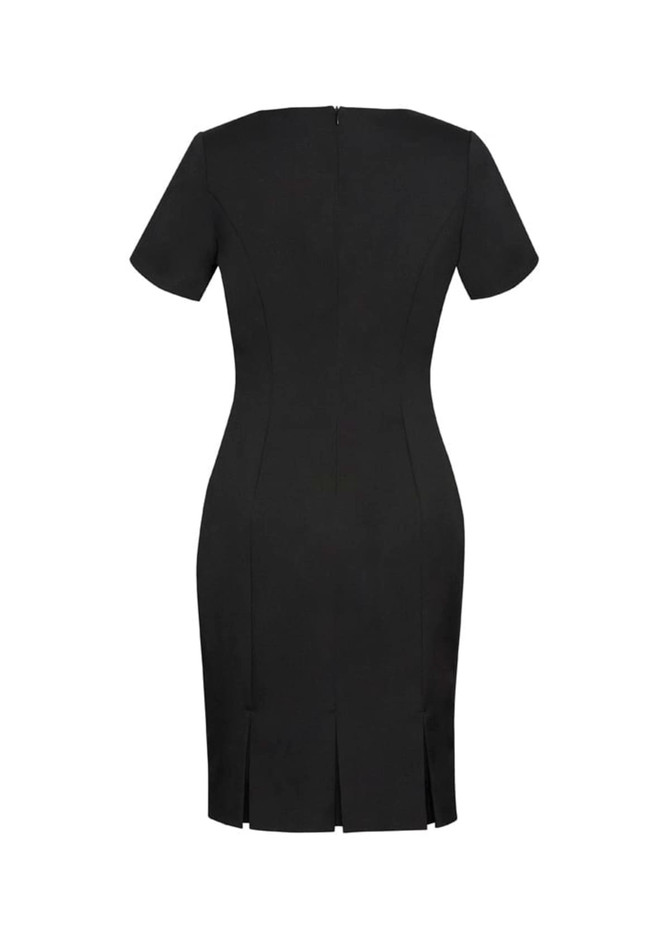 A black women's short sleeve shift dress with a fitted design and back zipper. Features a slit at the hem.