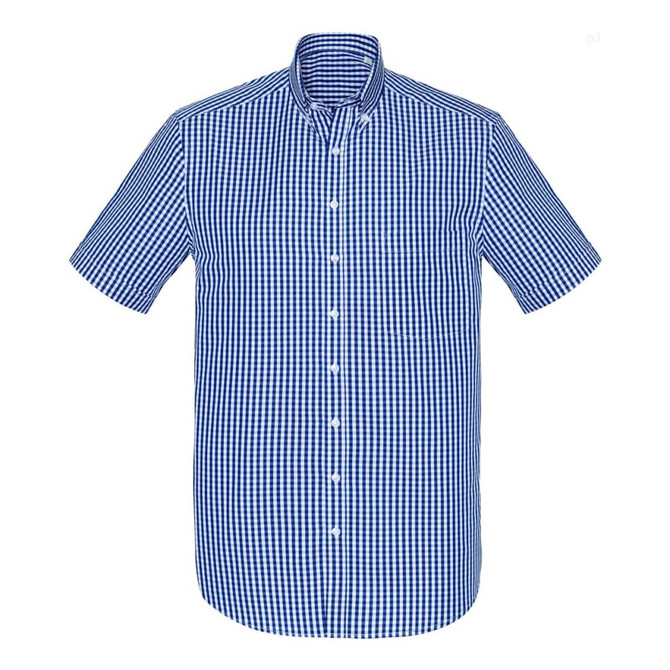A blue and white checkered short sleeve button-up shirt with a collar and front buttons, featuring a logo.