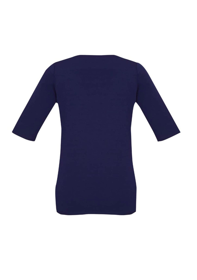 A navy blue women's T-shirt with short sleeves and a fitted design. It features a branding logo on the back.