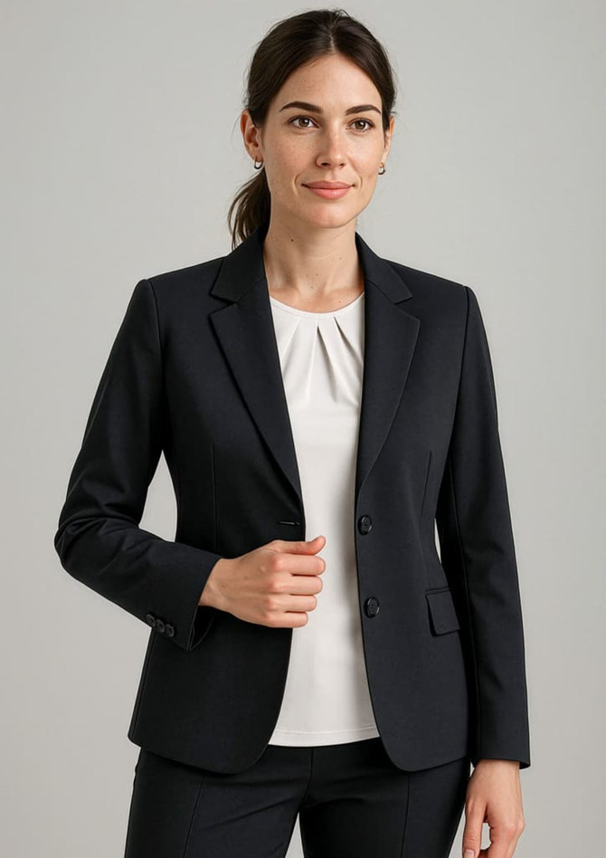 A women's longline jacket in navy, featuring a tailored fit with a single-breasted design and branding.