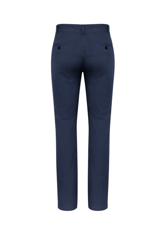 A pair of men's navy chino pants, featuring a slim fit and back pockets, with a brand logo present.
