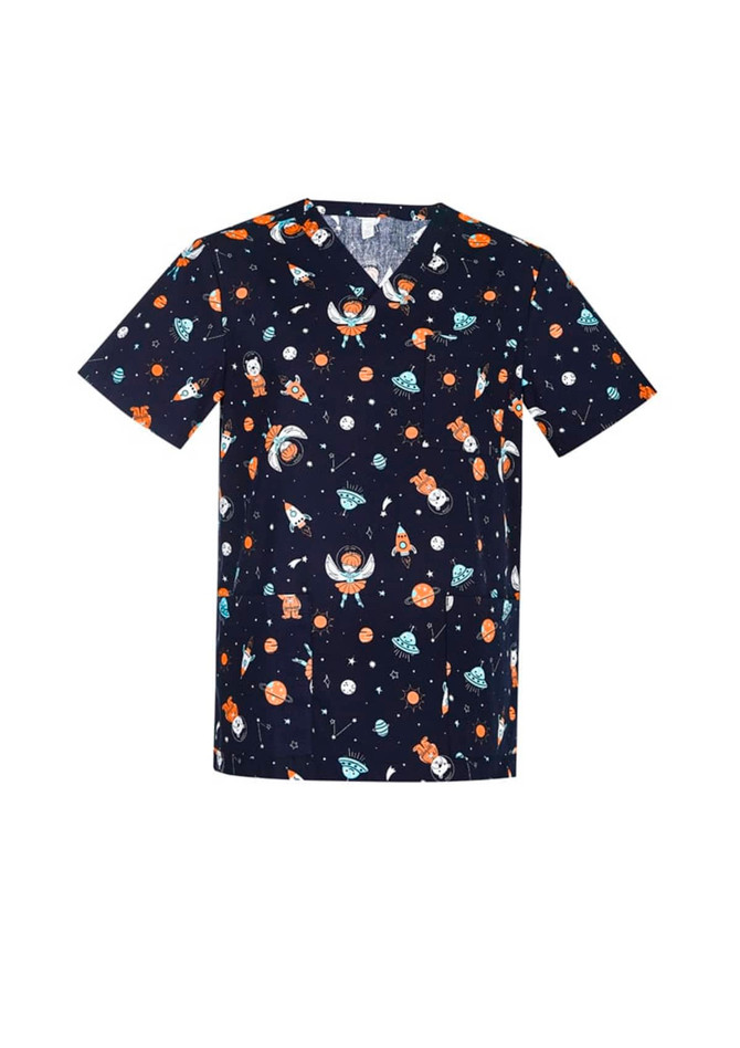 A navy scrub top featuring a fun space-themed print with planets, astronauts, and rockets. It has a logo.