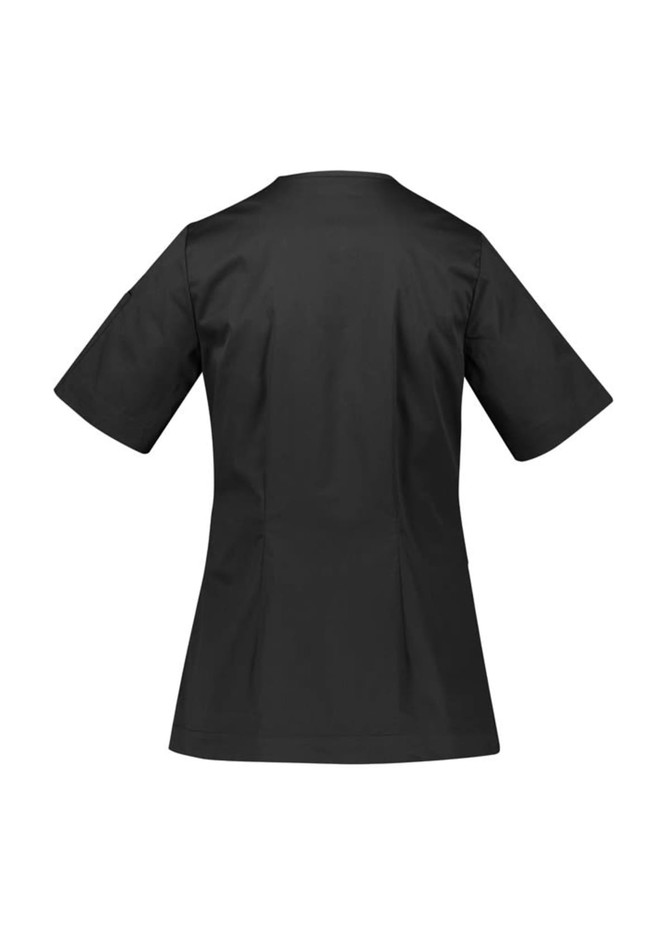 A black zip front crossover scrub top with short sleeves and a fitted design, featuring a logo on the side.