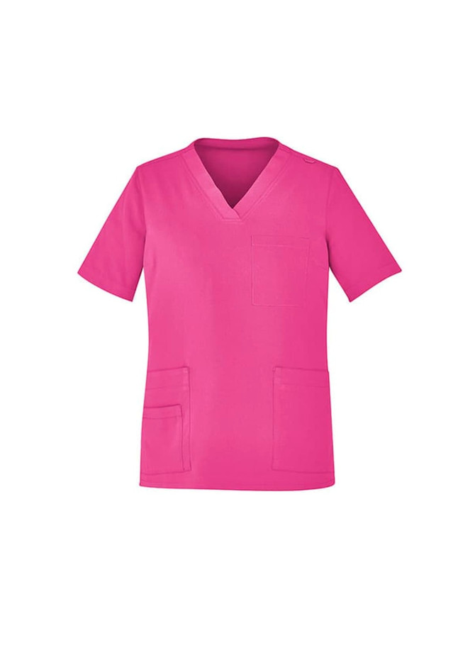 A unisex pink V-neck scrub top featuring short sleeves and multiple pockets.