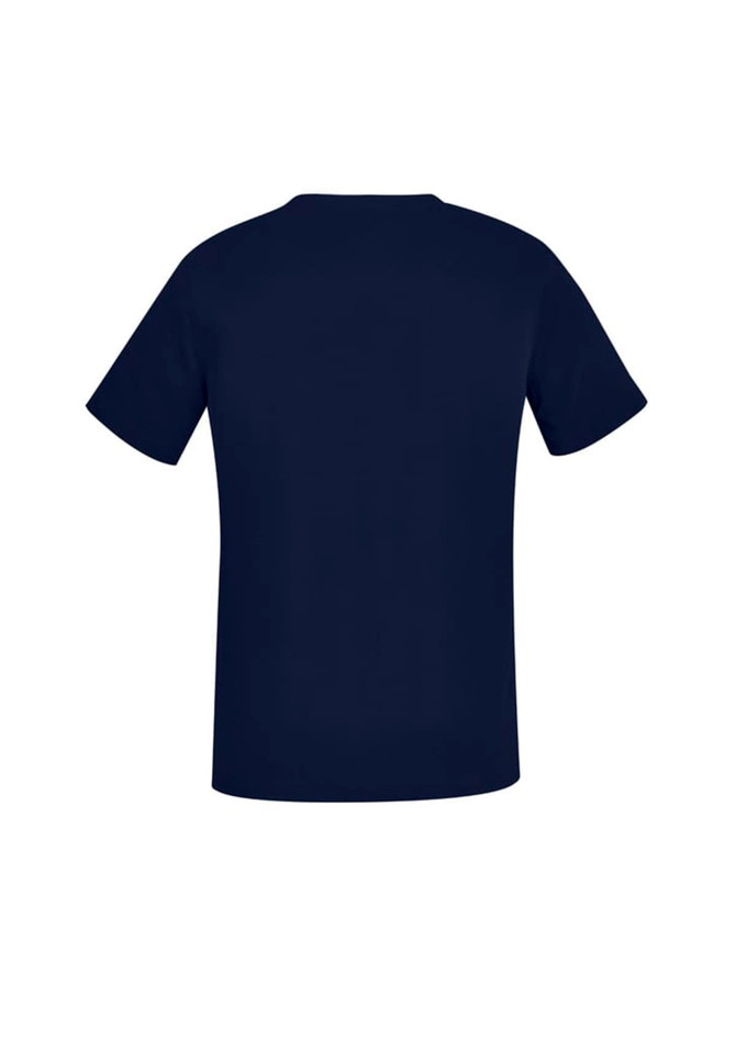A navy blue women's scrub top with a V-neck design, featuring short sleeves and a plain back.