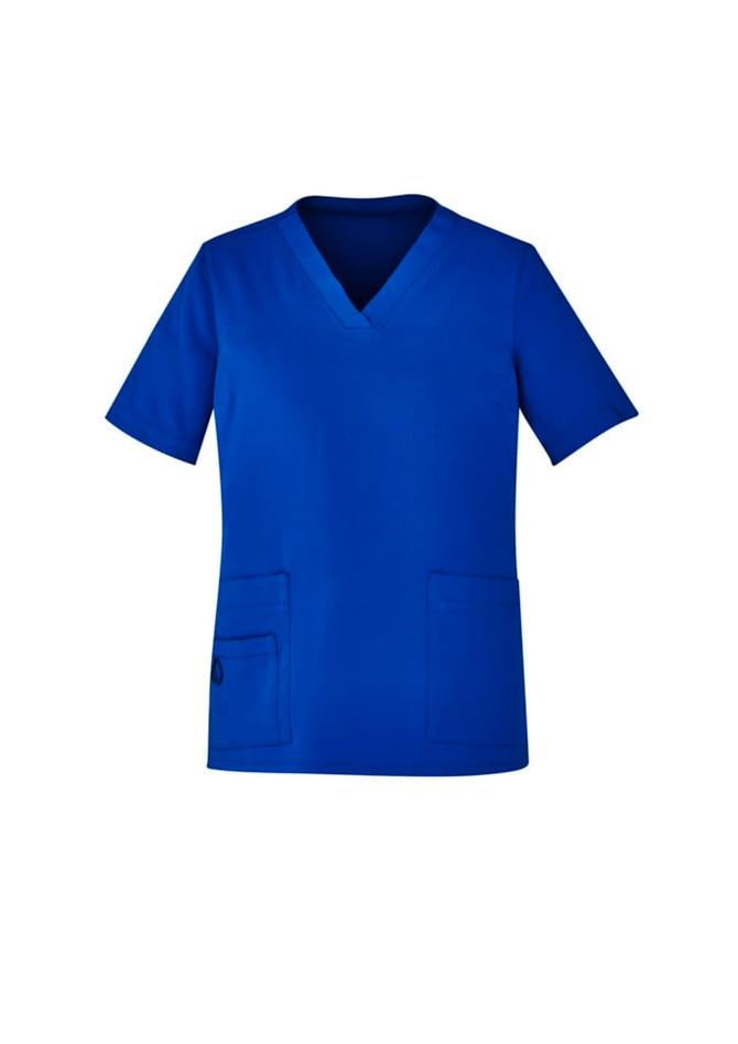 A blue women's scrub top with a V-neck, featuring short sleeves and two front pockets. It has a logo on it.