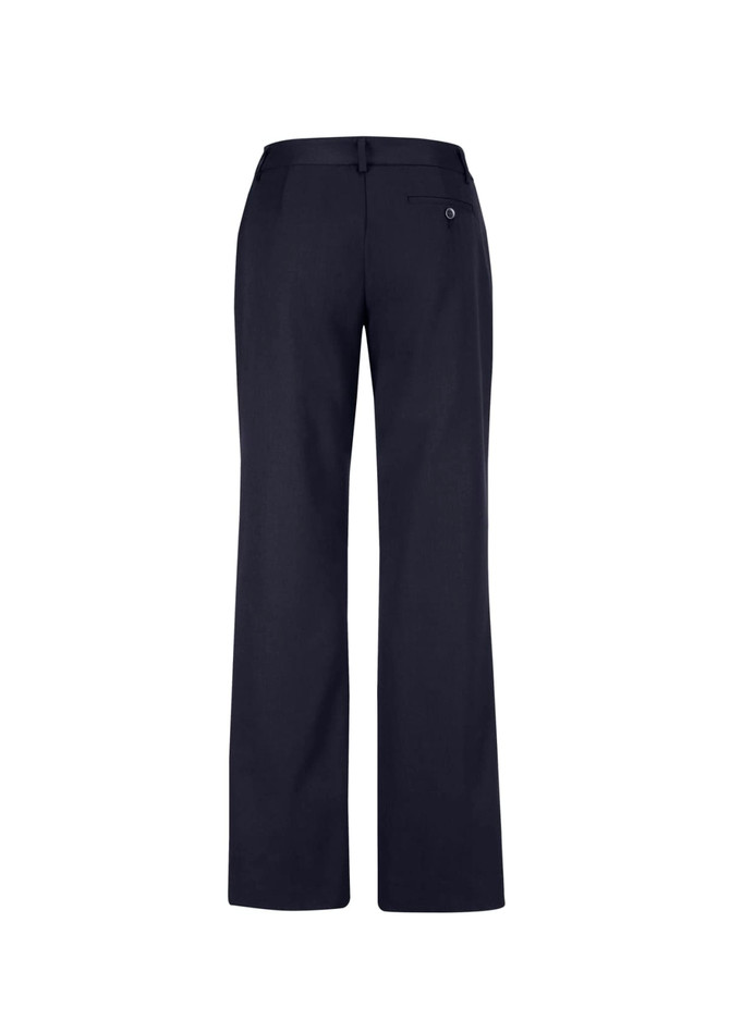 A pair of women's relaxed fit slacks in navy blue, featuring a back pocket and a logo.