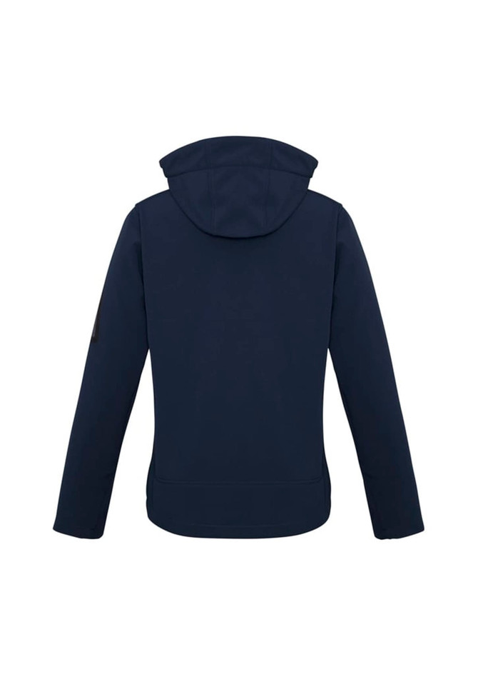 A navy blue women's soft shell jacket featuring a hood and a logo on the sleeve.