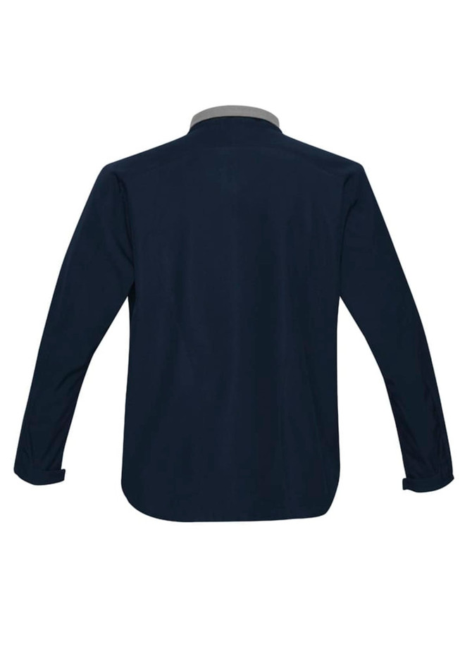 A navy jacket with a contrasting grey collar, featuring long sleeves and a sleek design. It has a logo on the back.