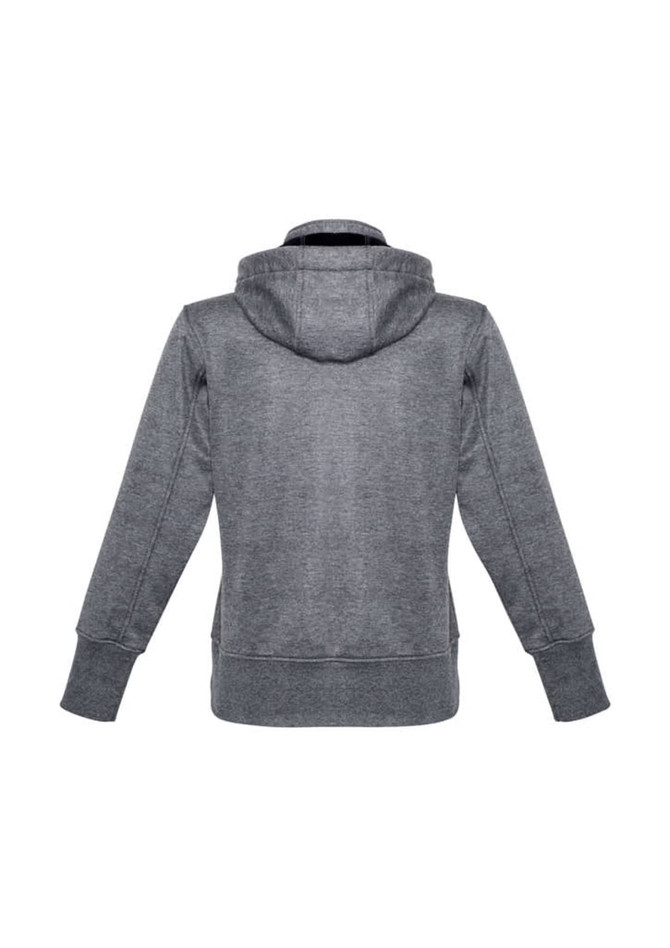 A grey ladies' jacket featuring a hood and long sleeves, with a plain back design and a logo.