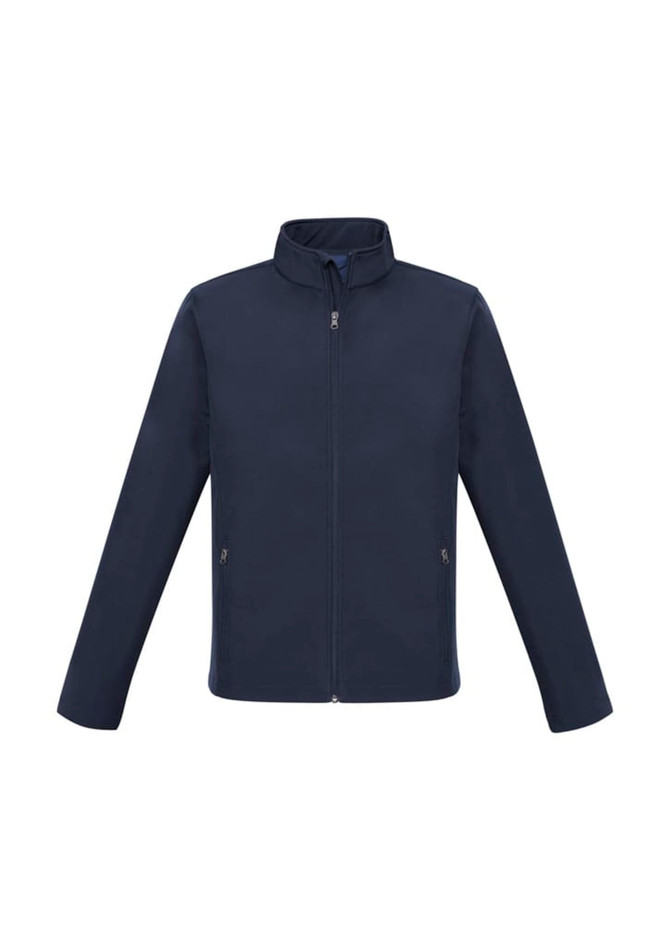 A navy jacket with a zip front, long sleeves, and side pockets. It features a branding logo.