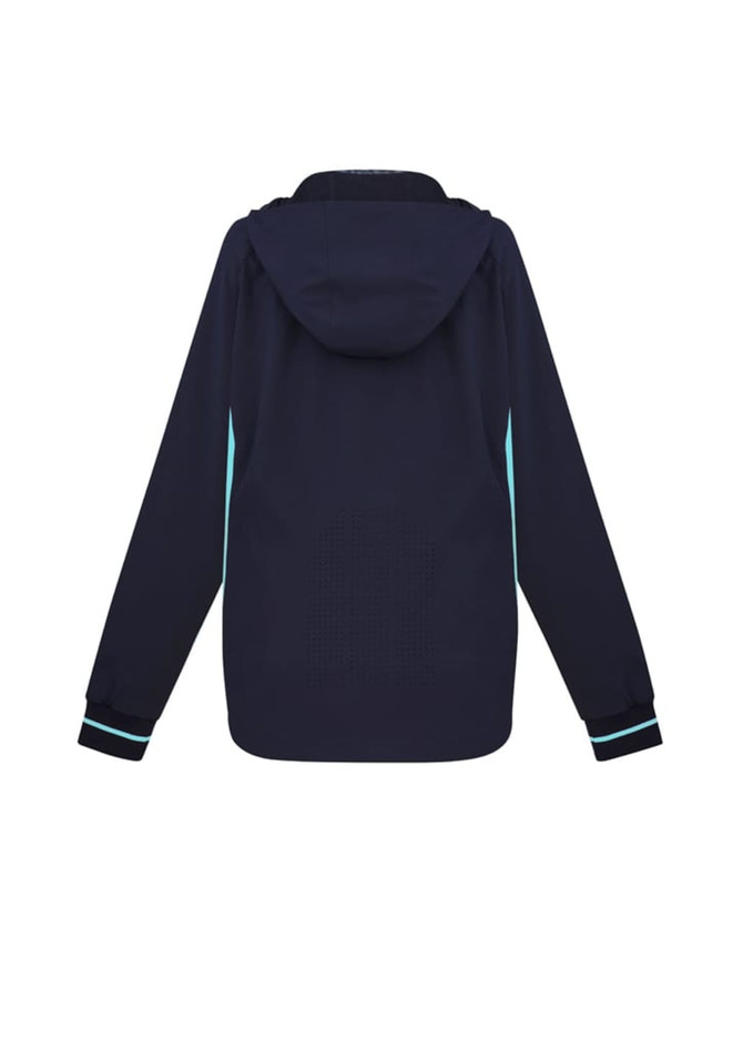 A navy blue ladies jacket with a hood, featuring contrasting light blue accents and a logo.