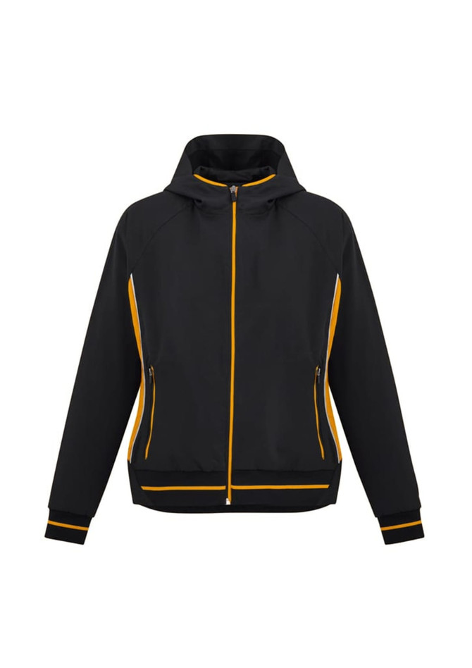A black and yellow jacket featuring a hood, zip front, and pockets, with contrasting stripes on the sleeves.