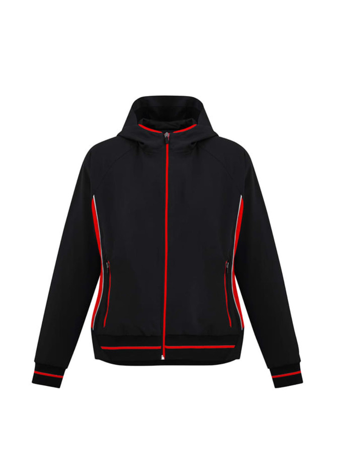 A black jacket with red accents and a hood, featuring zippered pockets and a branded logo.