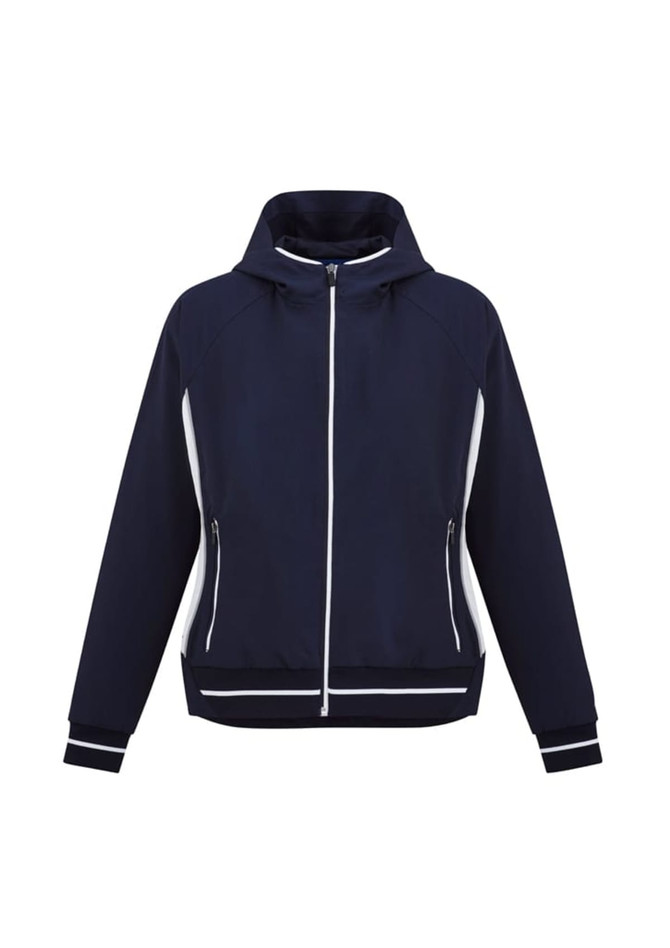 A navy blue Ladies Titan Jacket featuring white accents and a hood, with two front zip pockets and a logo.