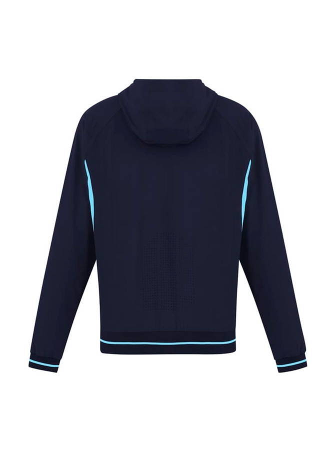 A navy soft shell jacket with a hood and light blue accents, featuring a logo on the back.