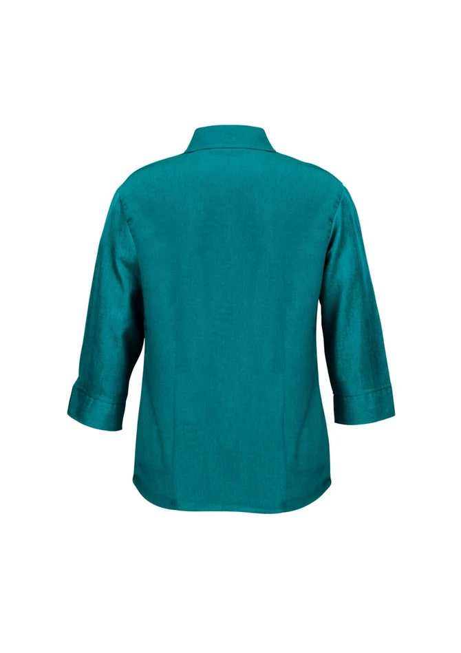A teal women's 3/4 sleeve shirt with a collar and buttoned cuffs, featuring a logo on the back.